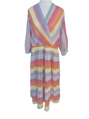 Tara Jarmon Multicolor Striped Dress Sheer Flowy Boho Pink Purple Blue Maxi 40 8